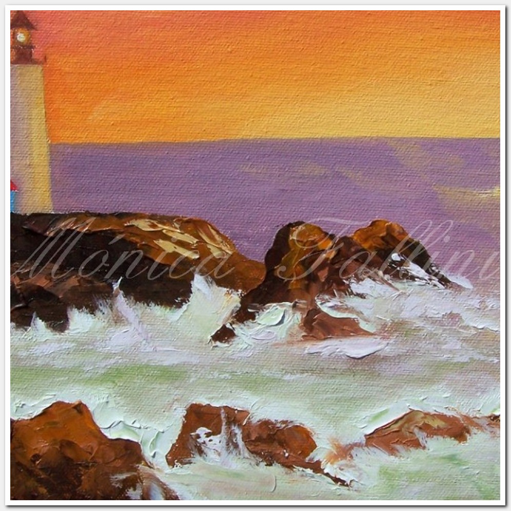 Painting titled 'Lighthouse sunset, rocks and surf' by Monica Fallini