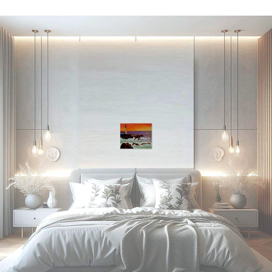 Painting titled 'Lighthouse sunset, rocks and surf' by Monica Fallini