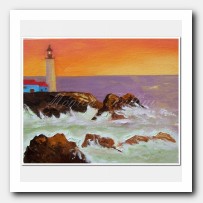 Lighthouse sunset, rocks and surf