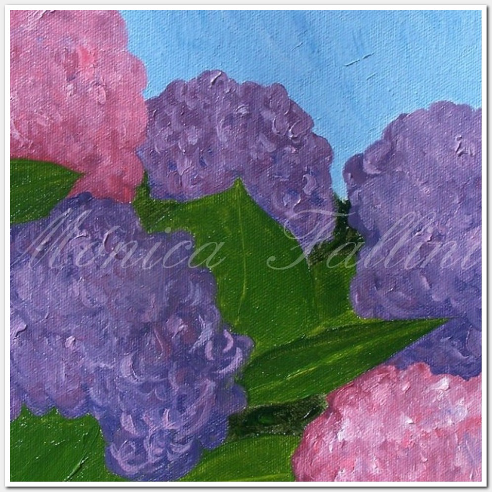 Painting titled 'Hydrangeas in my grandmother's garden' by Monica Fallini