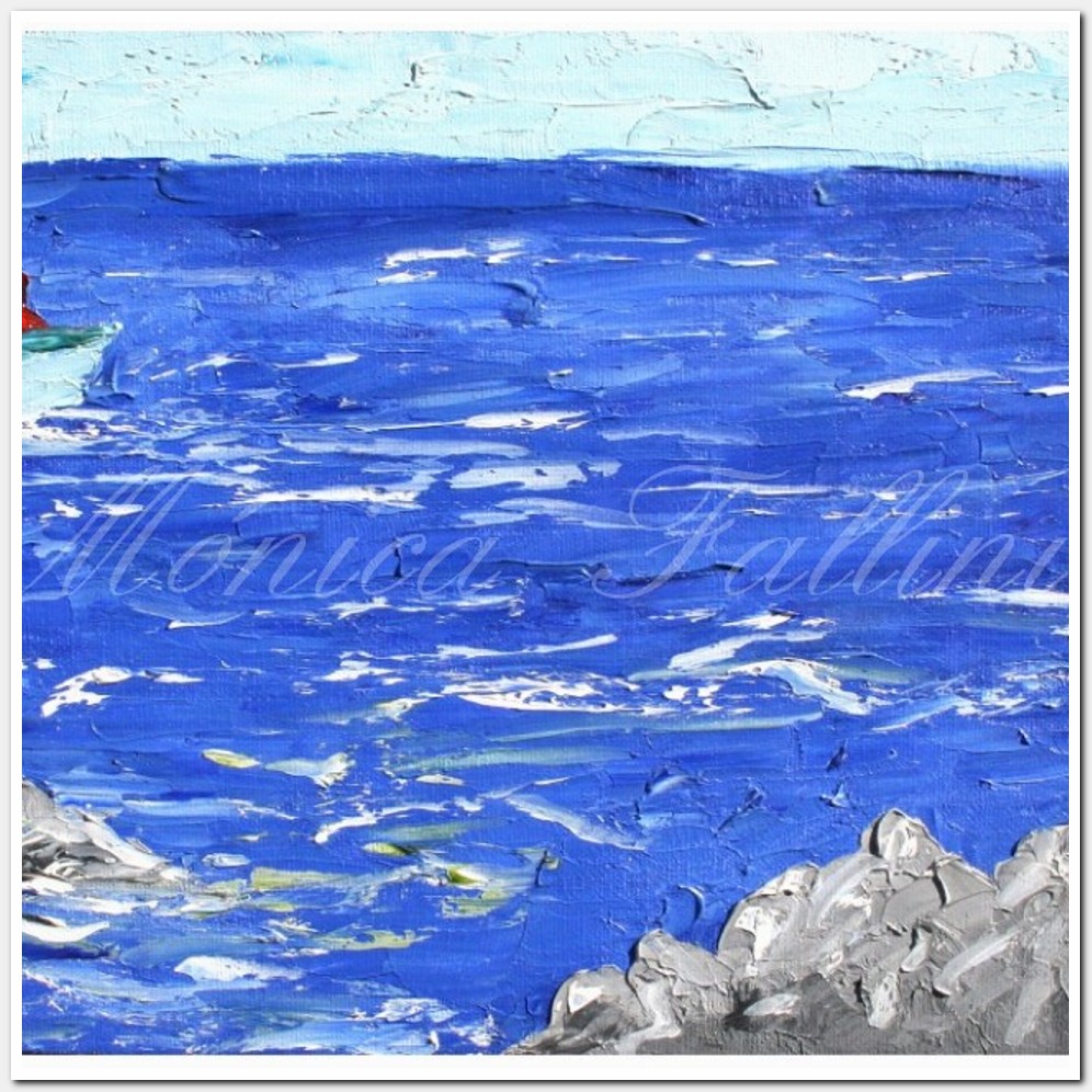 Painting titled 'Choppy sea, boat and rocks' by Monica Fallini