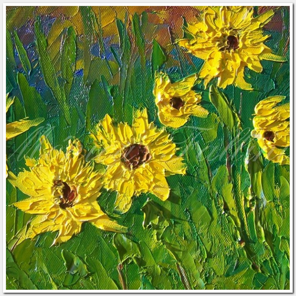 Painting titled 'Sunflowers in the wind' by Monica Fallini