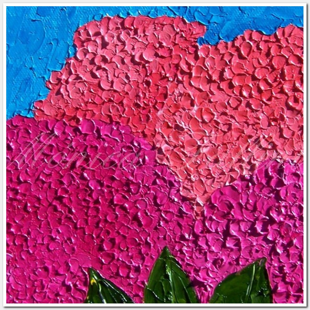 Painting titled 'Pink Hydrangeas on blue sky' by Monica Fallini