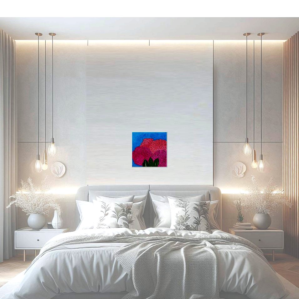Painting titled 'Pink Hydrangeas on blue sky' by Monica Fallini
