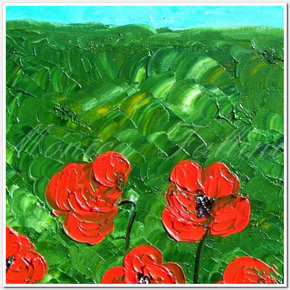 Painting titled '5 red Poppies in the field' by Monica Fallini