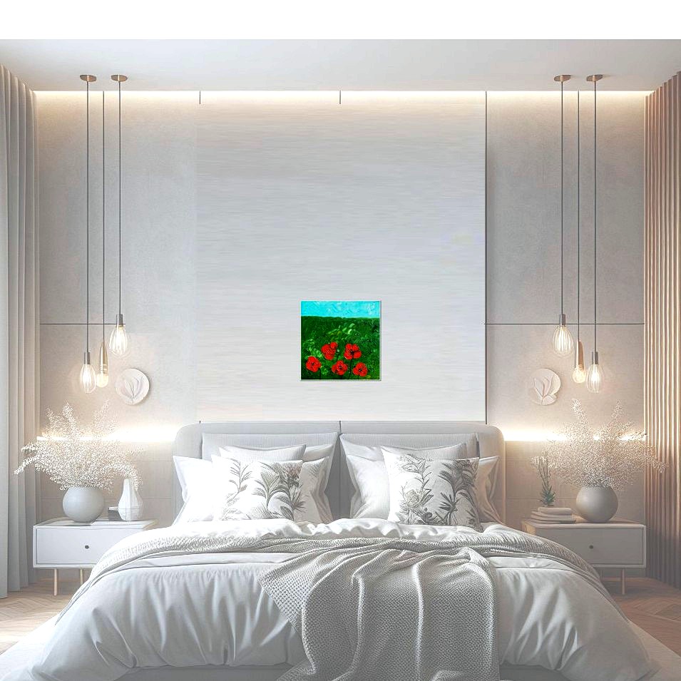 Painting titled '5 red Poppies in the field' by Monica Fallini