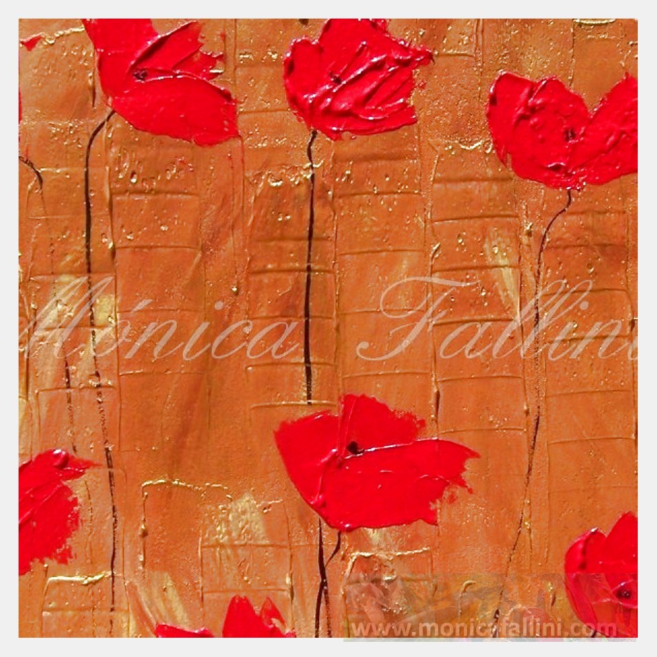 Painting titled 'Red Poppies, golden landscape' by Monica Fallini