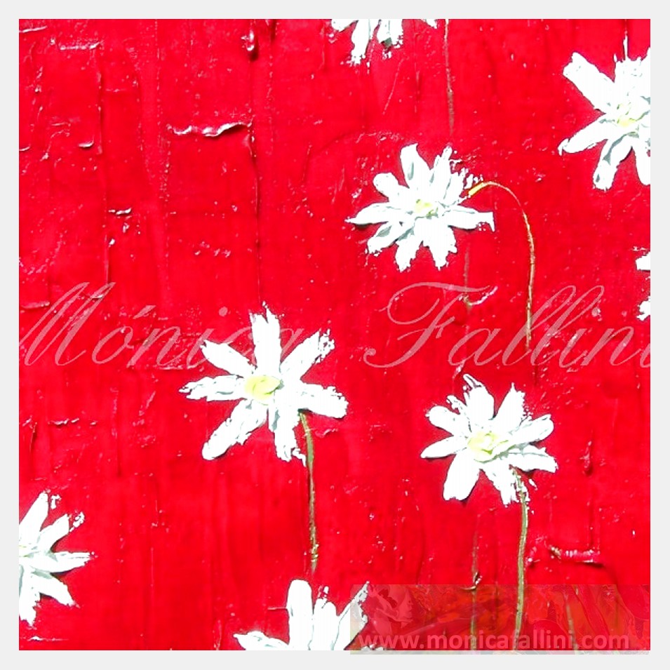 Painting titled '8 Daisies on red. ' by Monica Fallini