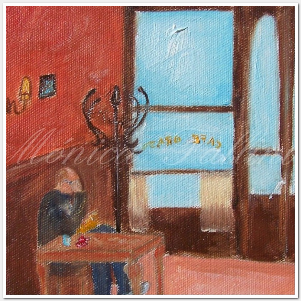 Painting titled 'At the cafe, reading a book' by Monica Fallini