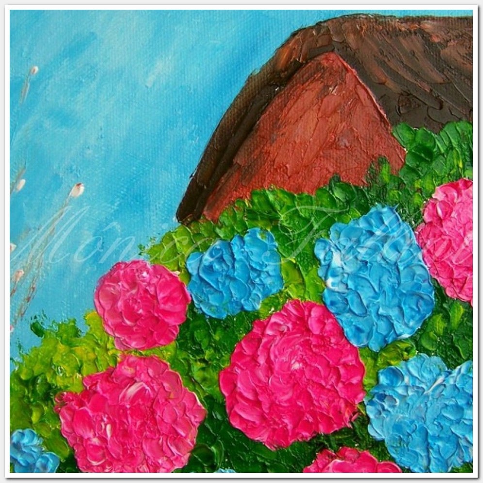 Painting titled 'Cuchilla Alta. Beach house with Hydrangeas' by Monica Fallini