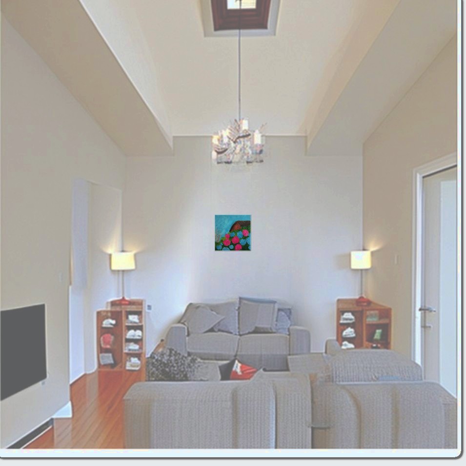 Painting titled 'Cuchilla Alta. Beach house with Hydrangeas' by Monica Fallini