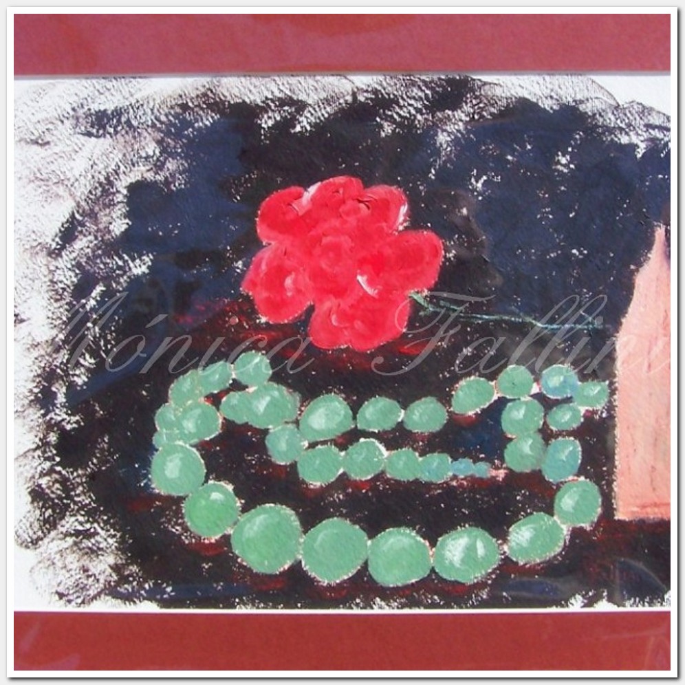 Painting titled 'Red flower and necklace' by Monica Fallini