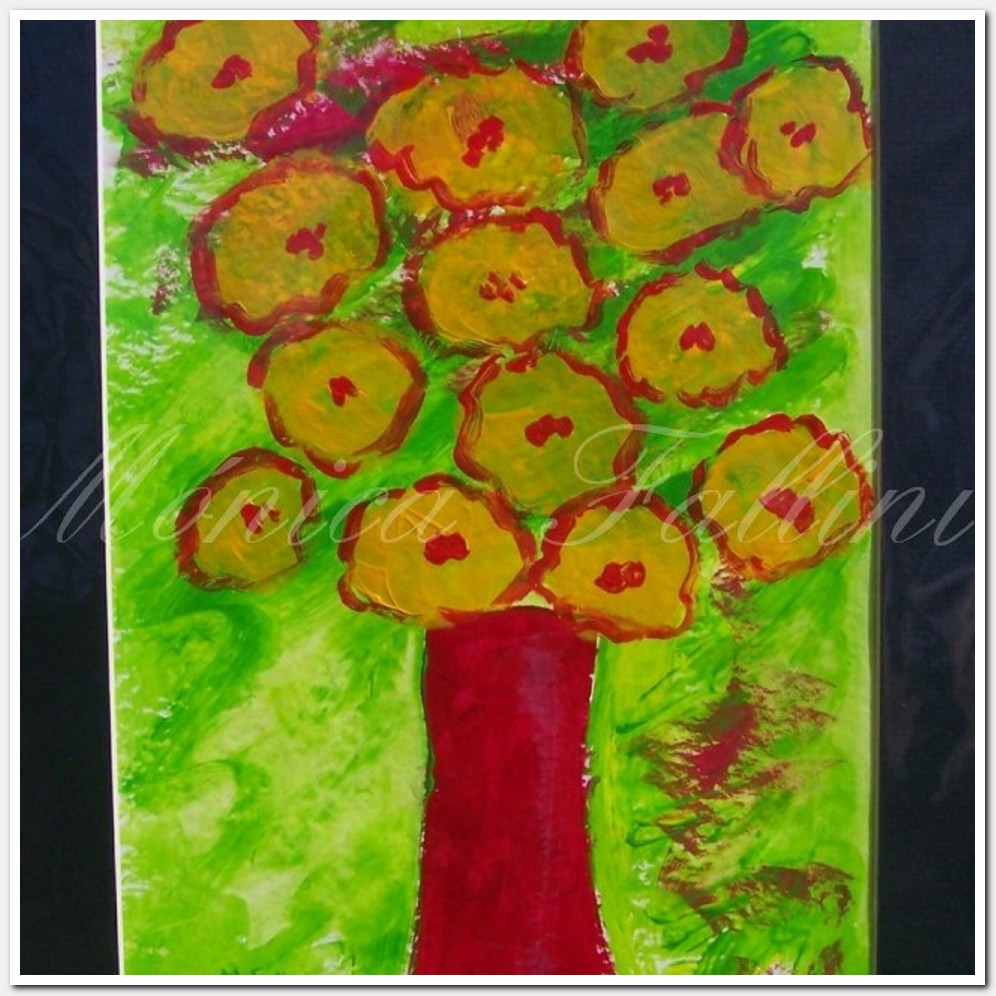 Painting titled 'Flower bouquet. Red vase' by Monica Fallini