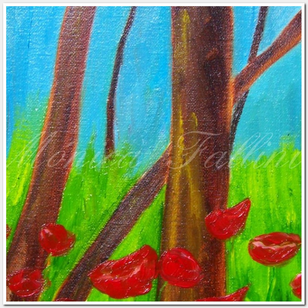 Painting titled 'Red Poppies and trees in a dream' by Monica Fallini