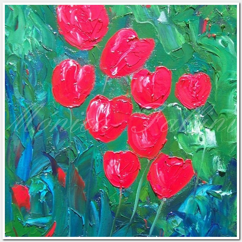 Painting titled 'Red Tulips on blue-green' by Monica Fallini