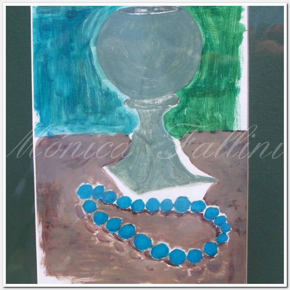 Painting titled 'Vase and turquoise necklace sketch' by Monica Fallini