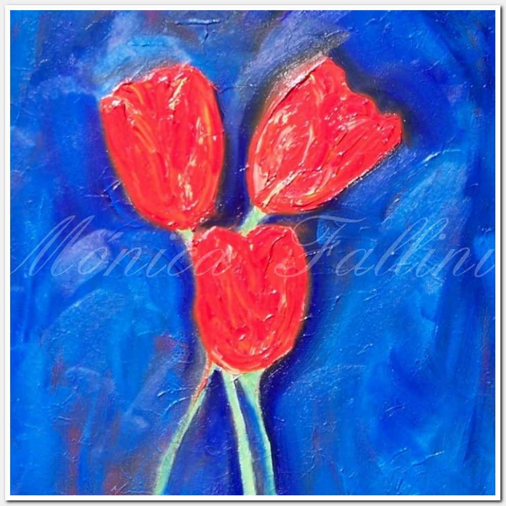 Painting titled 'Three red Tulips on blue' by Monica Fallini