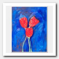 Three red Tulips on blue