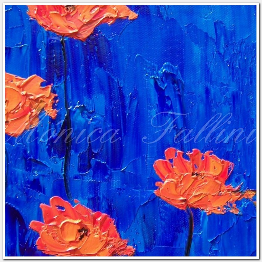 Painting titled 'Orange Poppies on blue' by Monica Fallini