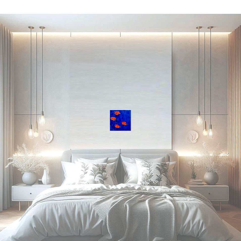 Painting titled 'Orange Poppies on blue' by Monica Fallini