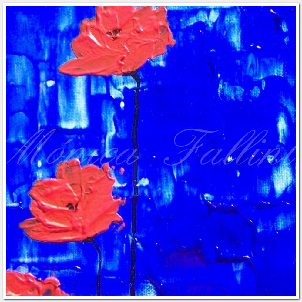 Painting titled 'Orange Poppies on blue ' by Monica Fallini