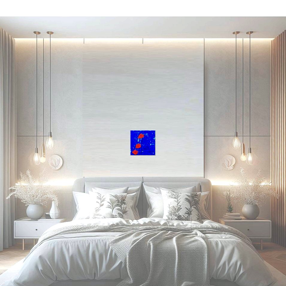 Painting titled 'Orange Poppies on blue ' by Monica Fallini