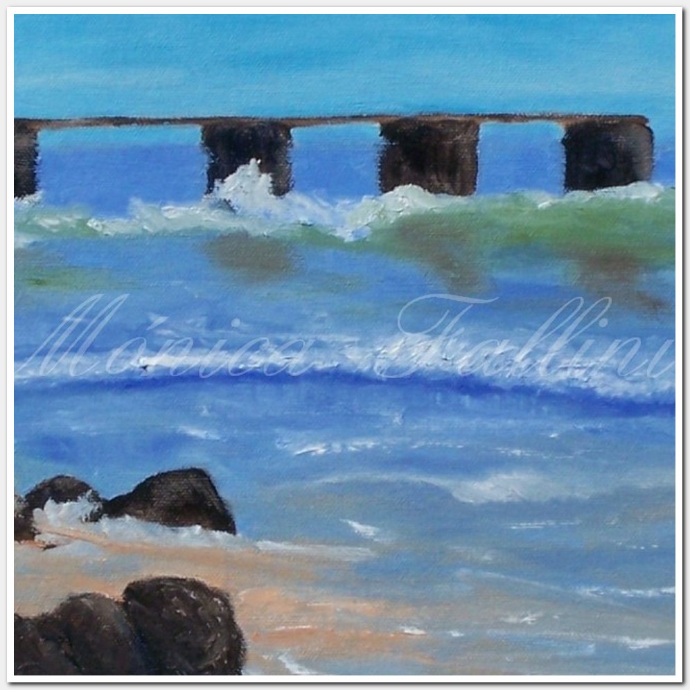 Painting titled 'Rocky coast and pier. Cuchilla Alta, Uruguay' by Monica Fallini