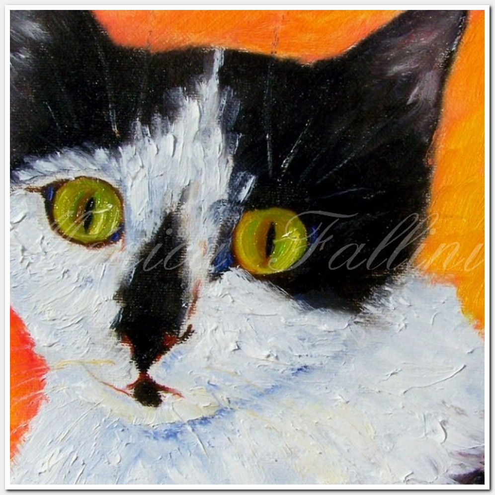 Painting titled 'Cat Blanquita on orange background' by Monica Fallini
