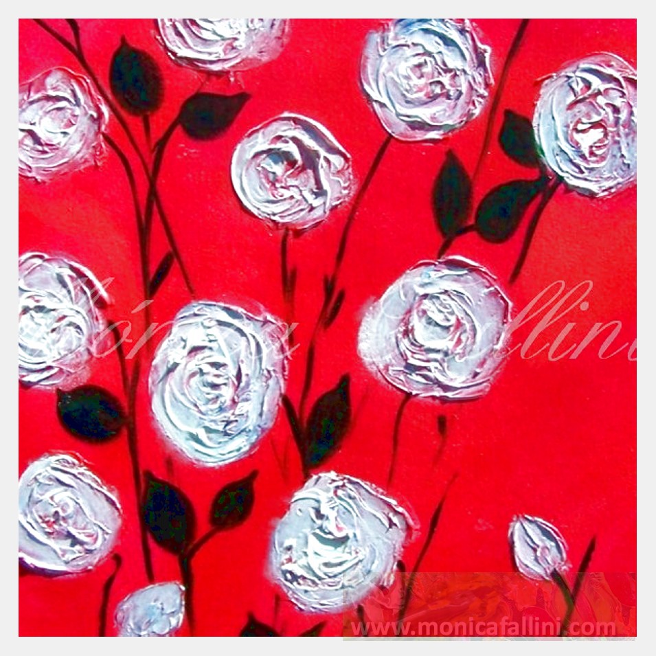 Painting titled 'White Roses in Spring' by Monica Fallini
