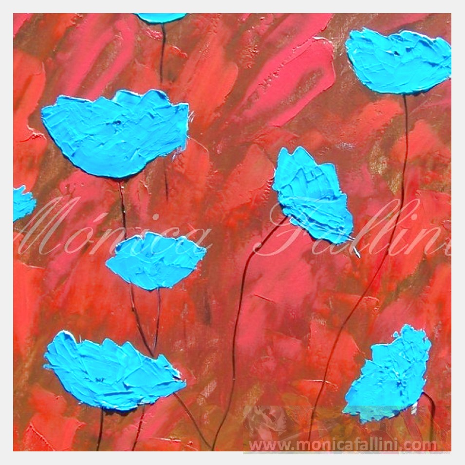 Painting titled 'Sky-blue Poppies on red' by Monica Fallini
