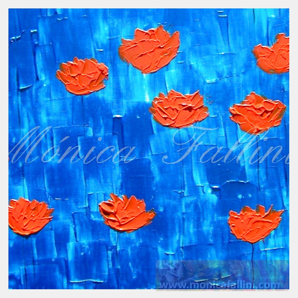 Painting titled 'Orange Poppies on metallic blue landscape' by Monica Fallini