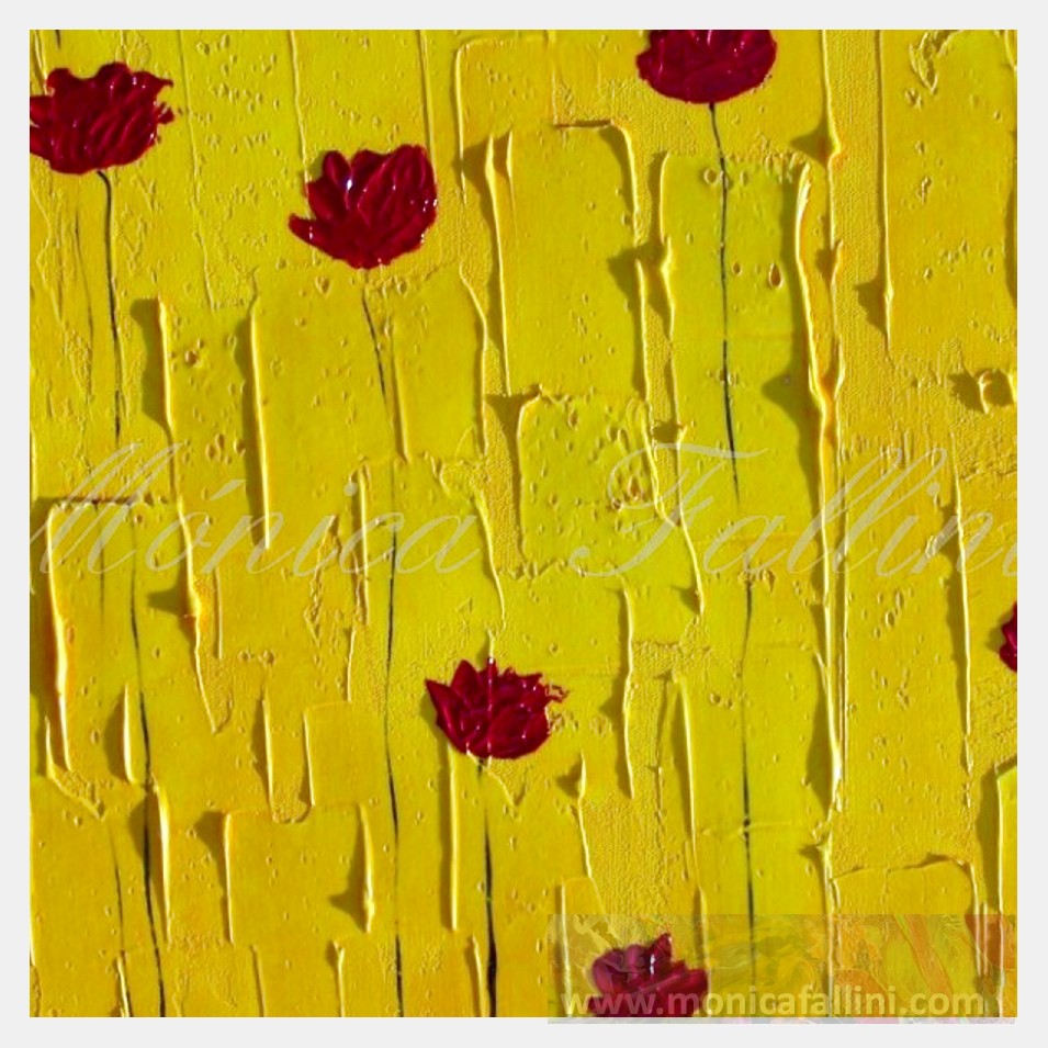 Painting titled 'Red Poppies on yellow landscape' by Monica Fallini