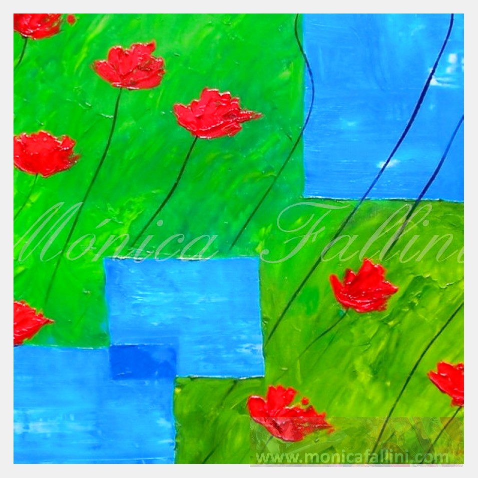 Painting titled 'Red Poppies among the squares' by Monica Fallini