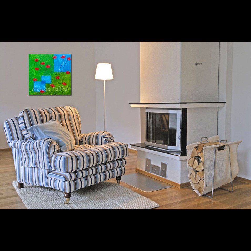 Painting titled 'Red Poppies among the squares' by Monica Fallini
