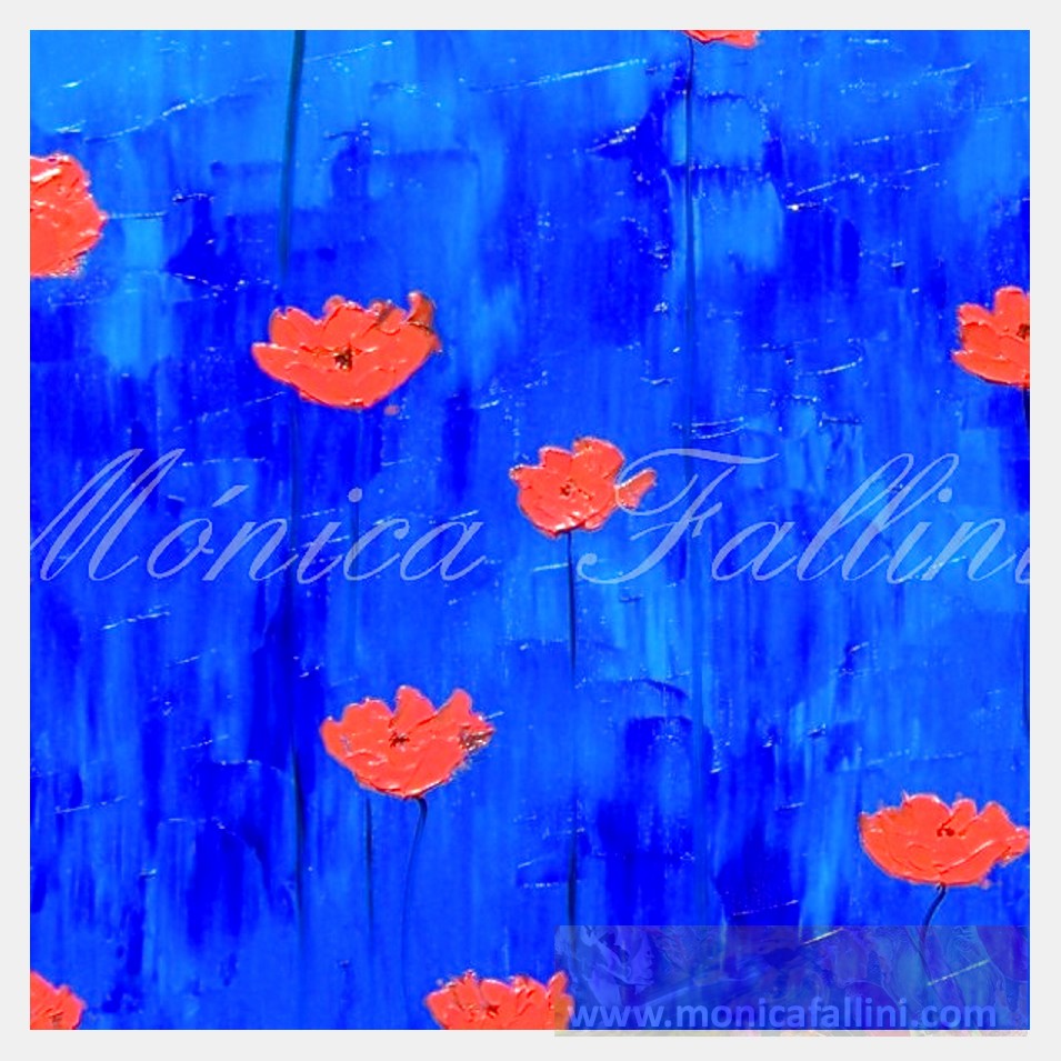 Painting titled 'Orange Poppies on blue' by Monica Fallini