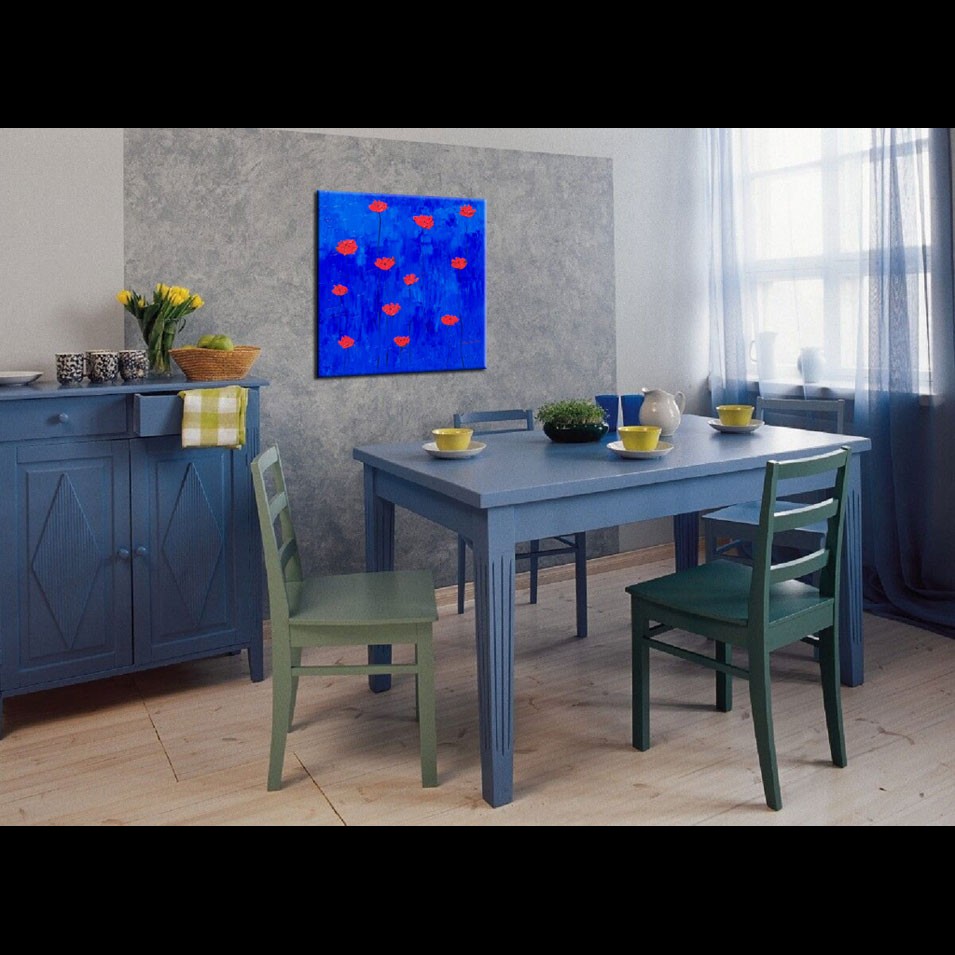Painting titled 'Orange Poppies on blue' by Monica Fallini