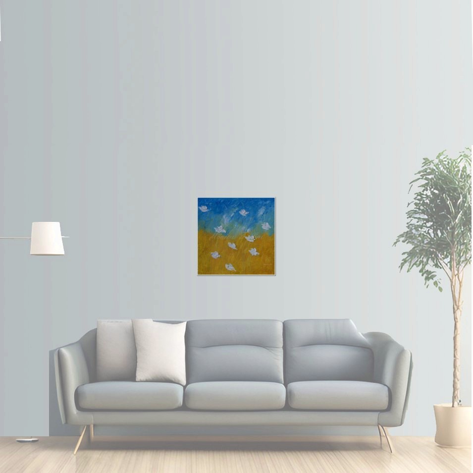 Painting titled 'White Poppies, yellow pastures' by Monica Fallini