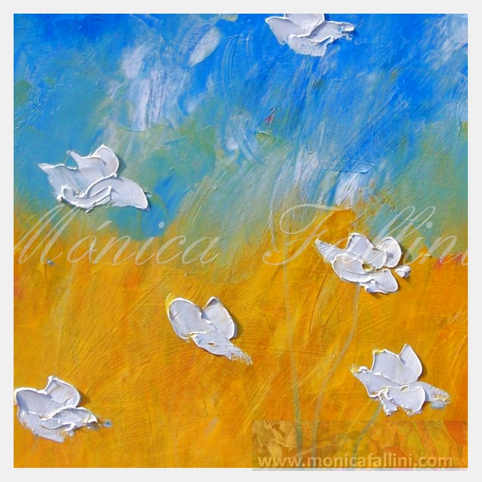 Painting titled 'White Poppies, yellow pastures' by Monica Fallini