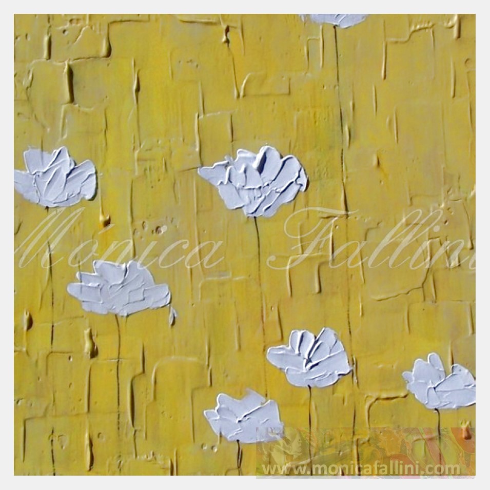 Painting titled 'White Poppies on yellow' by Monica Fallini