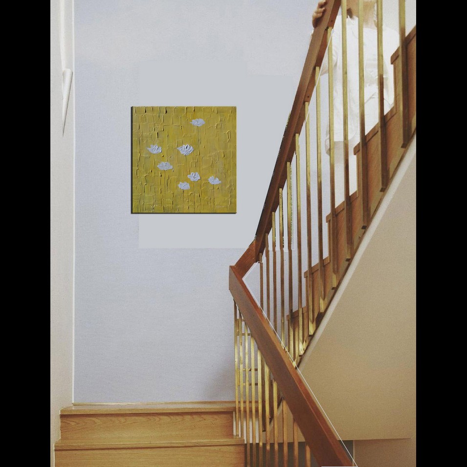Painting titled 'White Poppies on yellow' by Monica Fallini