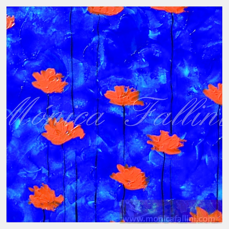 Painting titled 'Orange Poppies on blue ' by Monica Fallini