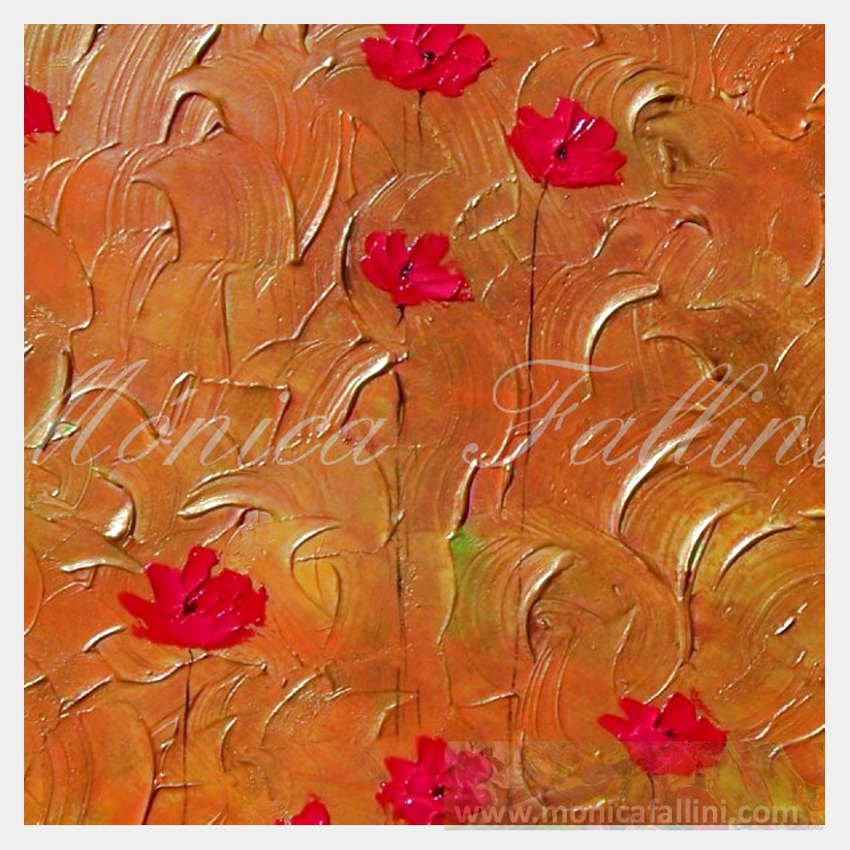 Painting titled 'Red Poppies on golden landscape ' by Monica Fallini