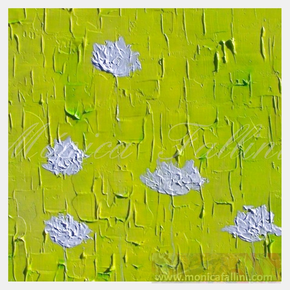 Painting titled 'White Poppies on yellowish green landscape' by Monica Fallini