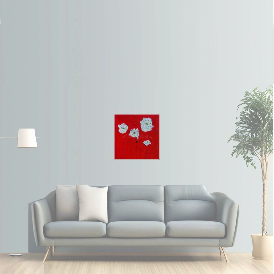 Painting titled 'White Poppies on red landscape' by Monica Fallini
