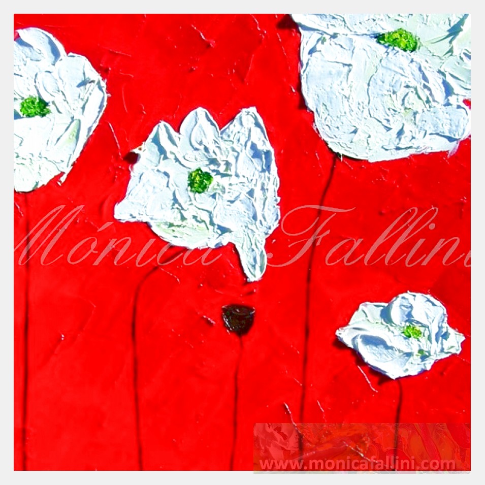 Painting titled 'White Poppies on red landscape' by Monica Fallini