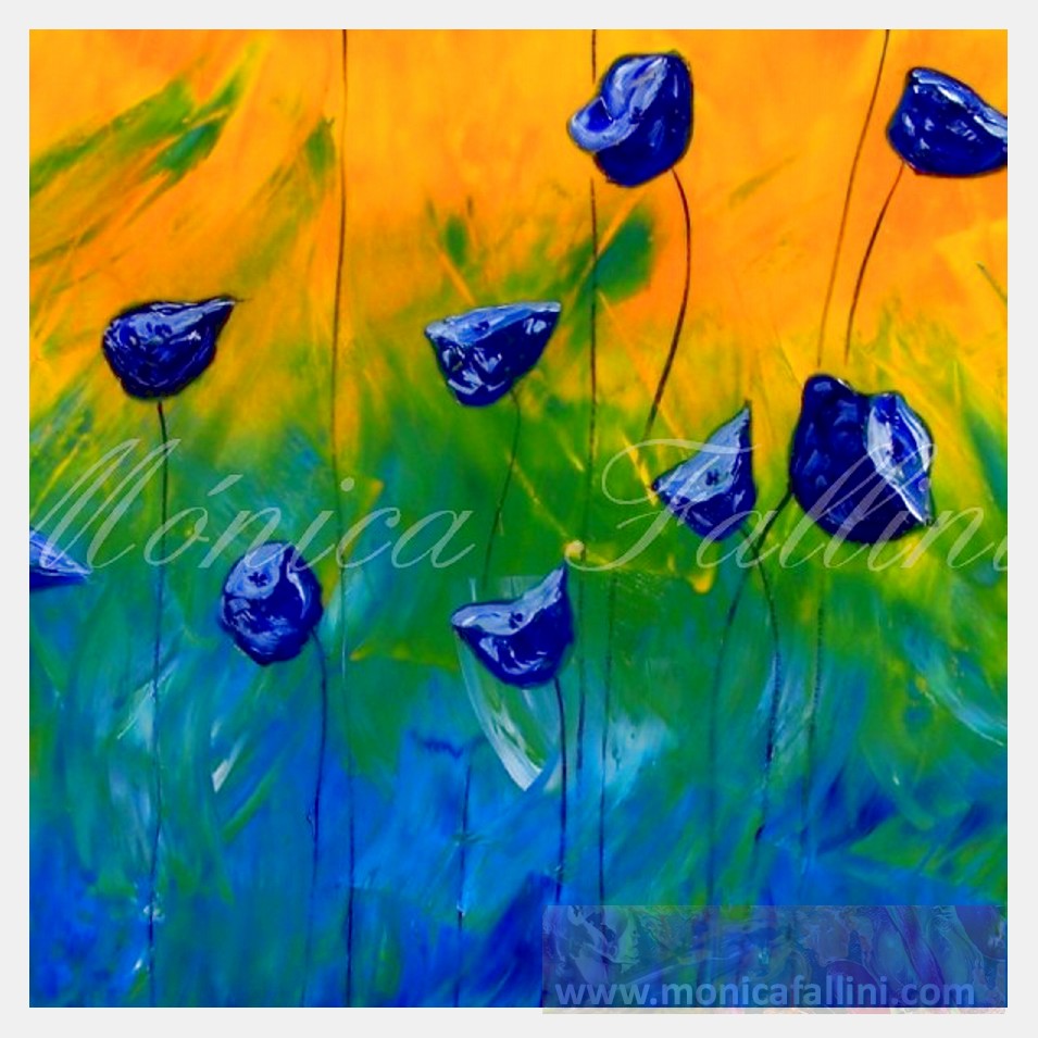 Painting titled 'Ocean blue Poppies' by Monica Fallini