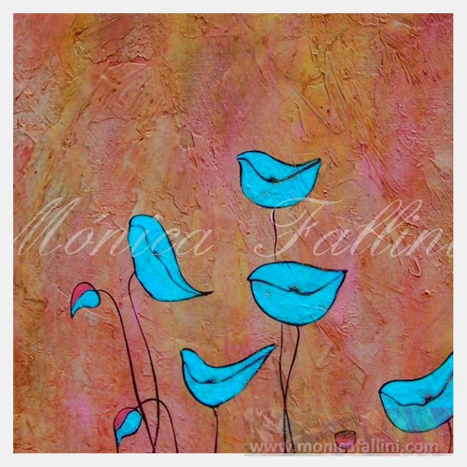 Painting titled 'Paper Poppies. Sky-blue Poppies' by Monica Fallini