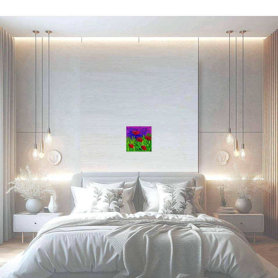 Painting titled 'Wild red Poppies on purple sunset' by Monica Fallini