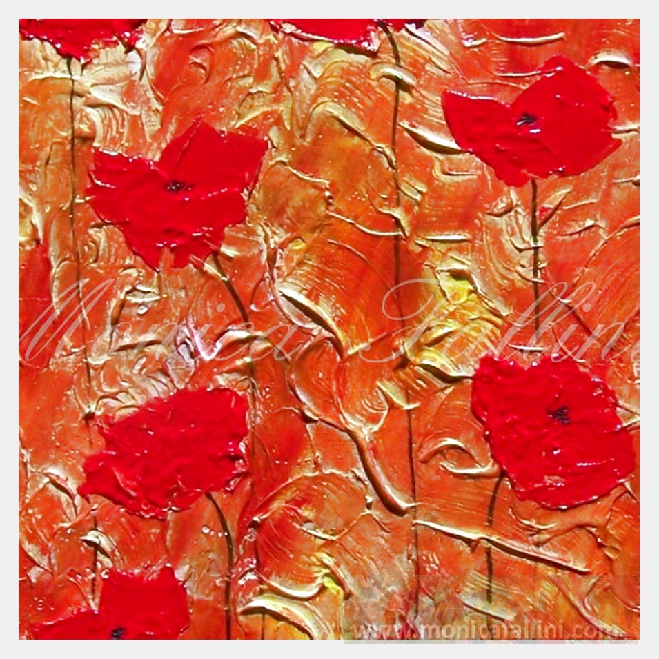 Painting titled 'A golden landscape with 10 red Poppies' by Monica Fallini