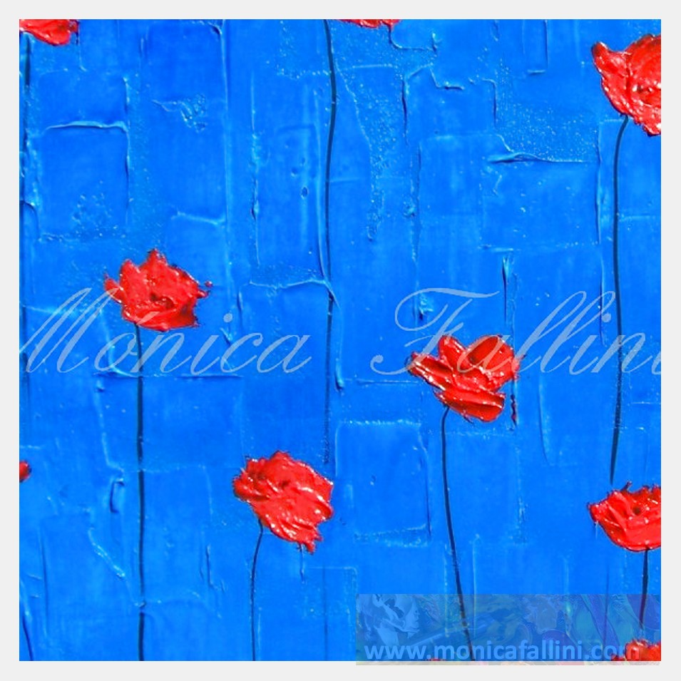 Painting titled '12 Poppies on deep blue. Red Poppies' by Monica Fallini